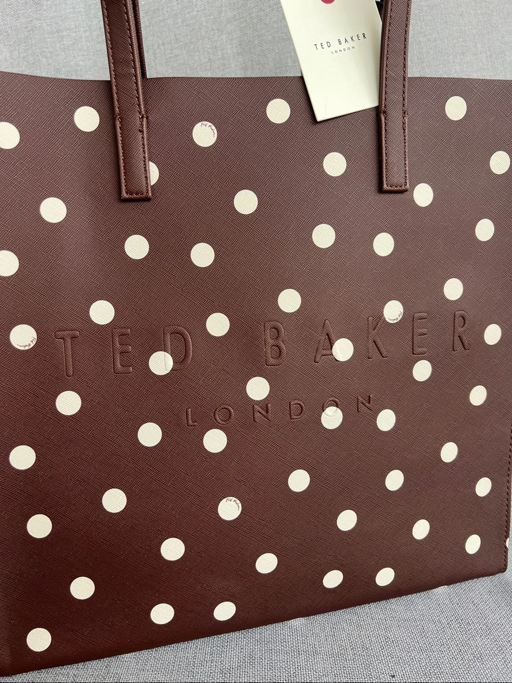 TED BAKER London Icon Polka Dot Saffiano tote shopper brown / cream NWT